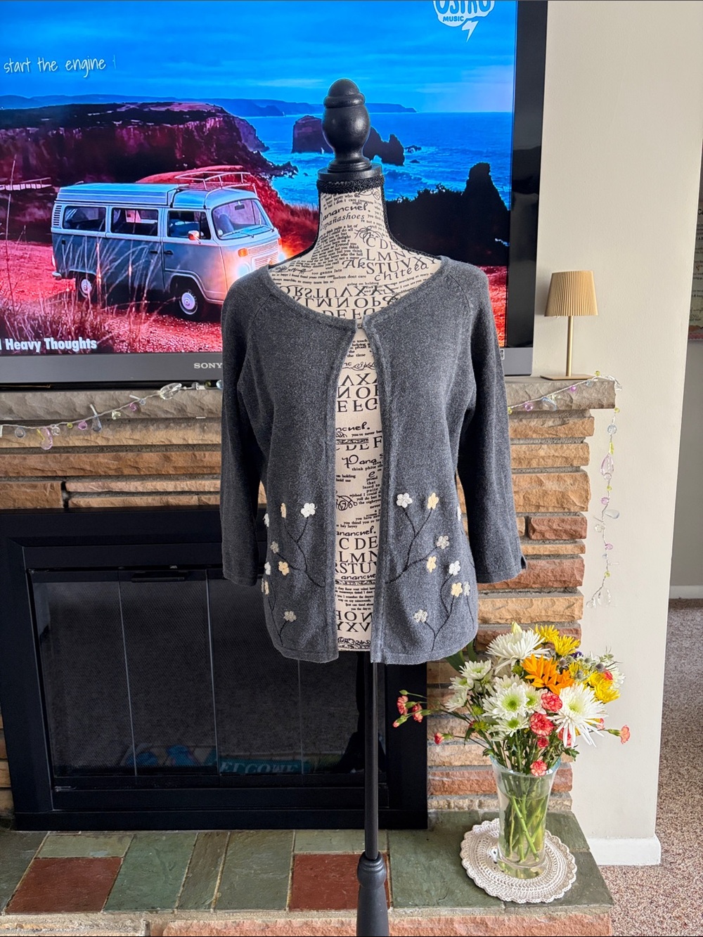 Charcoal Gray Floral Embroidered Open-Front Cardigan Sweater